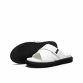 White leather cross-strap platform slide sandal ghost mannequin product shot, plain white background