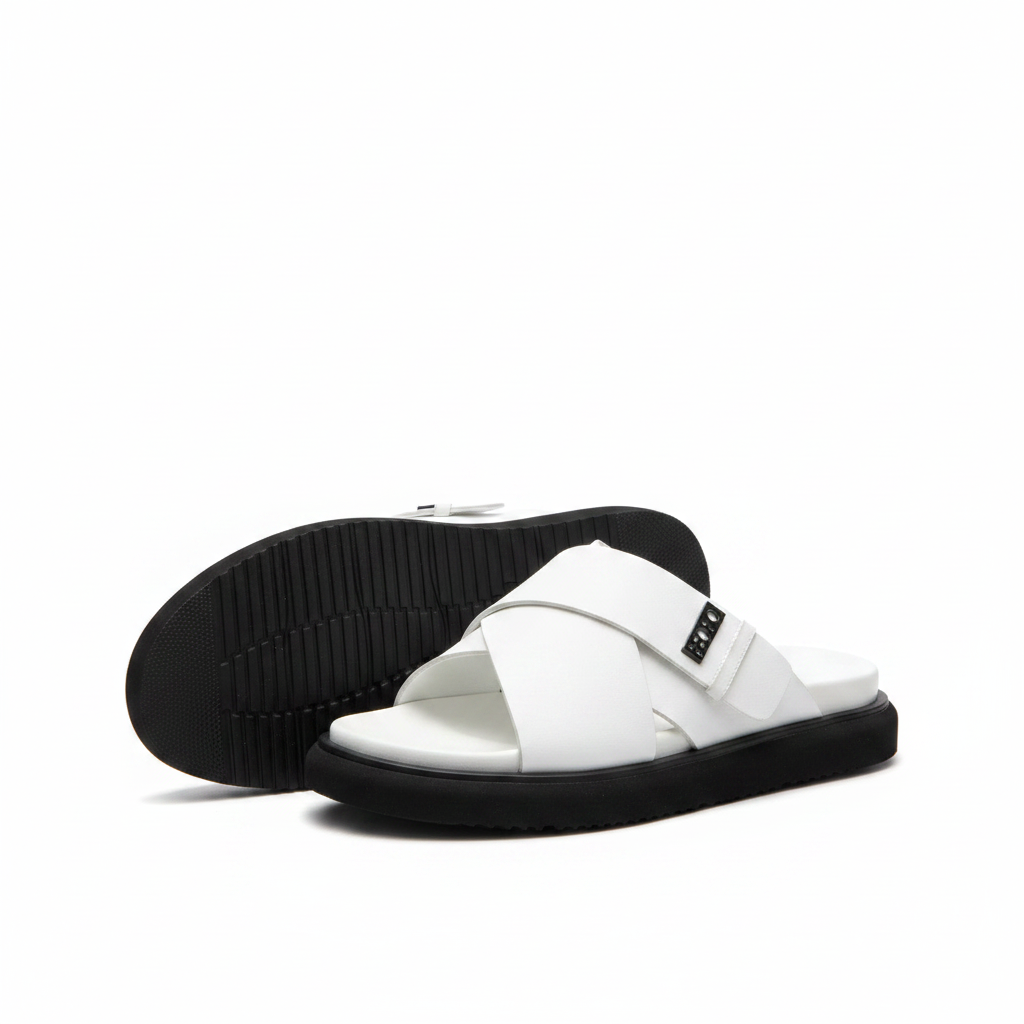 White leather cross-strap platform slide sandal ghost mannequin product shot, plain white background
