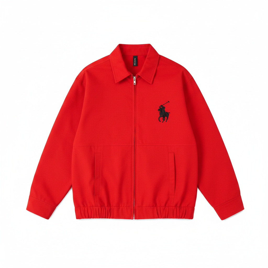 Men's red equestrian emblem zip-up harrington jacket – ghost mannequin front view