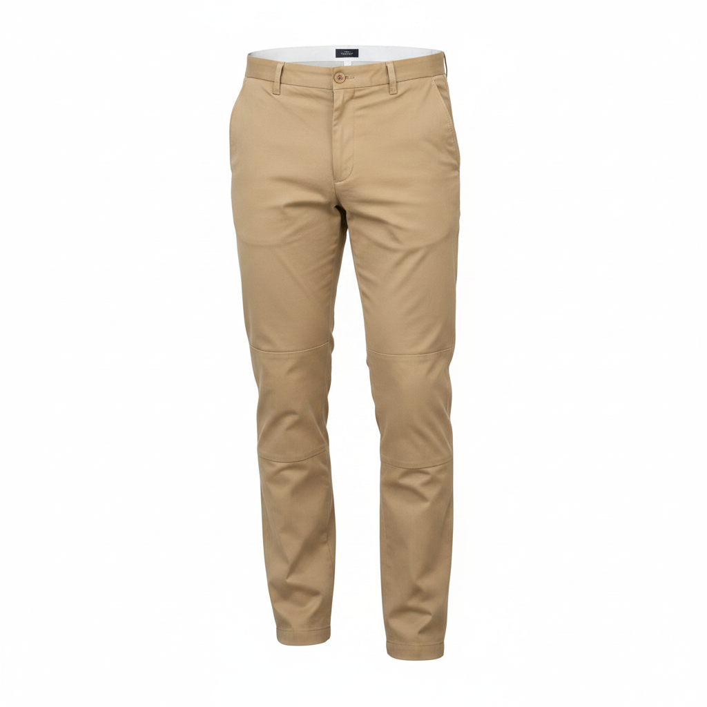 Men's khaki slim-fit chino trousers ghost mannequin front view