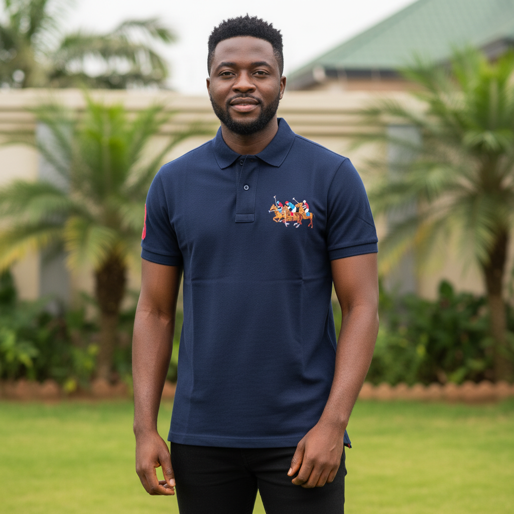 Nigerian male model wearing navy blue polo shirt with equestrian embroidery in garden setting