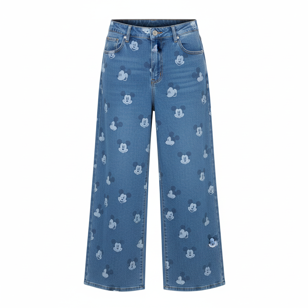 Women's Mid-Blue Cartoon Face Print Wide-Leg Jeans – Ghost Mannequin View
