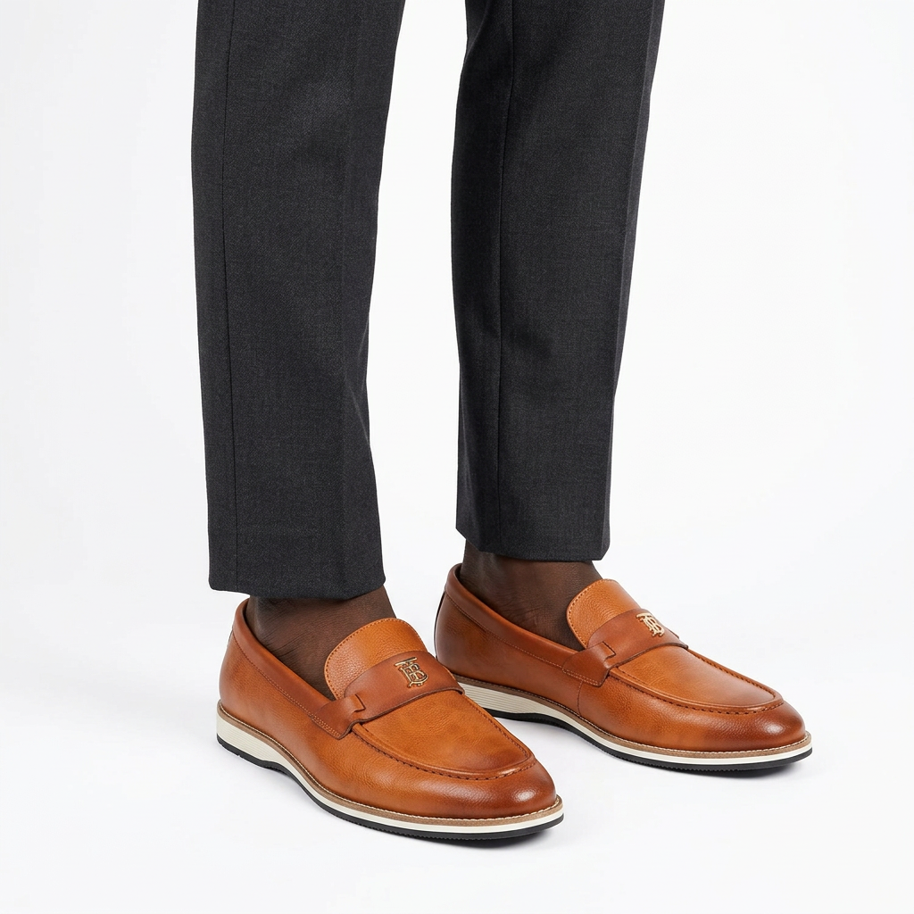 Cognac gold-detail loafers worn on both feet with charcoal trousers