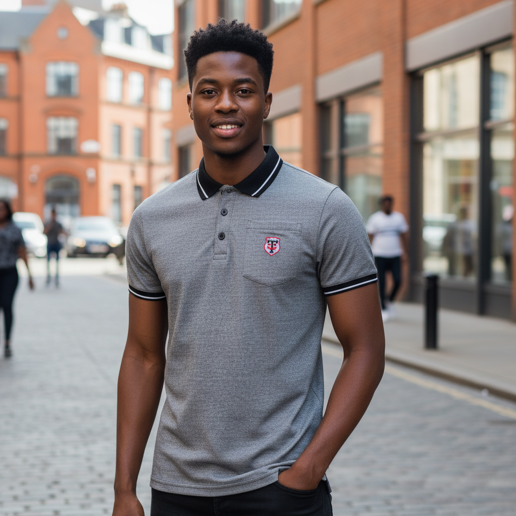 Grey Marl Chest Pocket Shield Polo Shirt on Nigerian male model