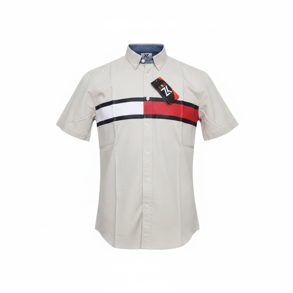 Light Grey Striped Short-Sleeved Shirt - Ghost Mannequin Front