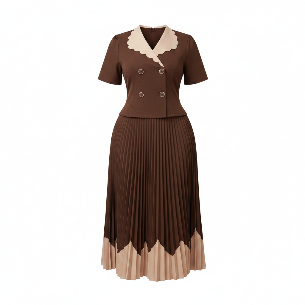 Ghost mannequin view of women's chocolate brown scalloped collar pleated midi two-piece set