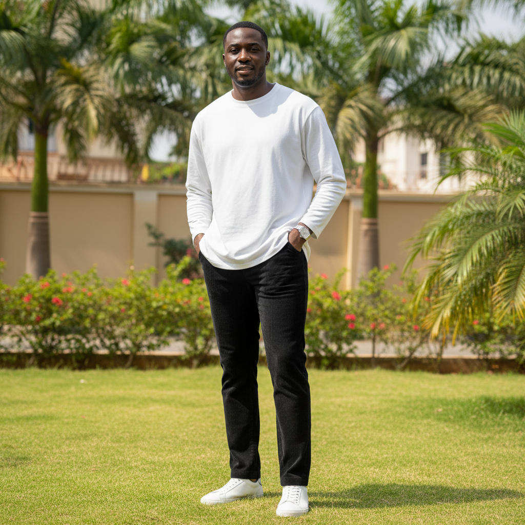Nigerian male model wearing black corduroy trousers in outdoor setting