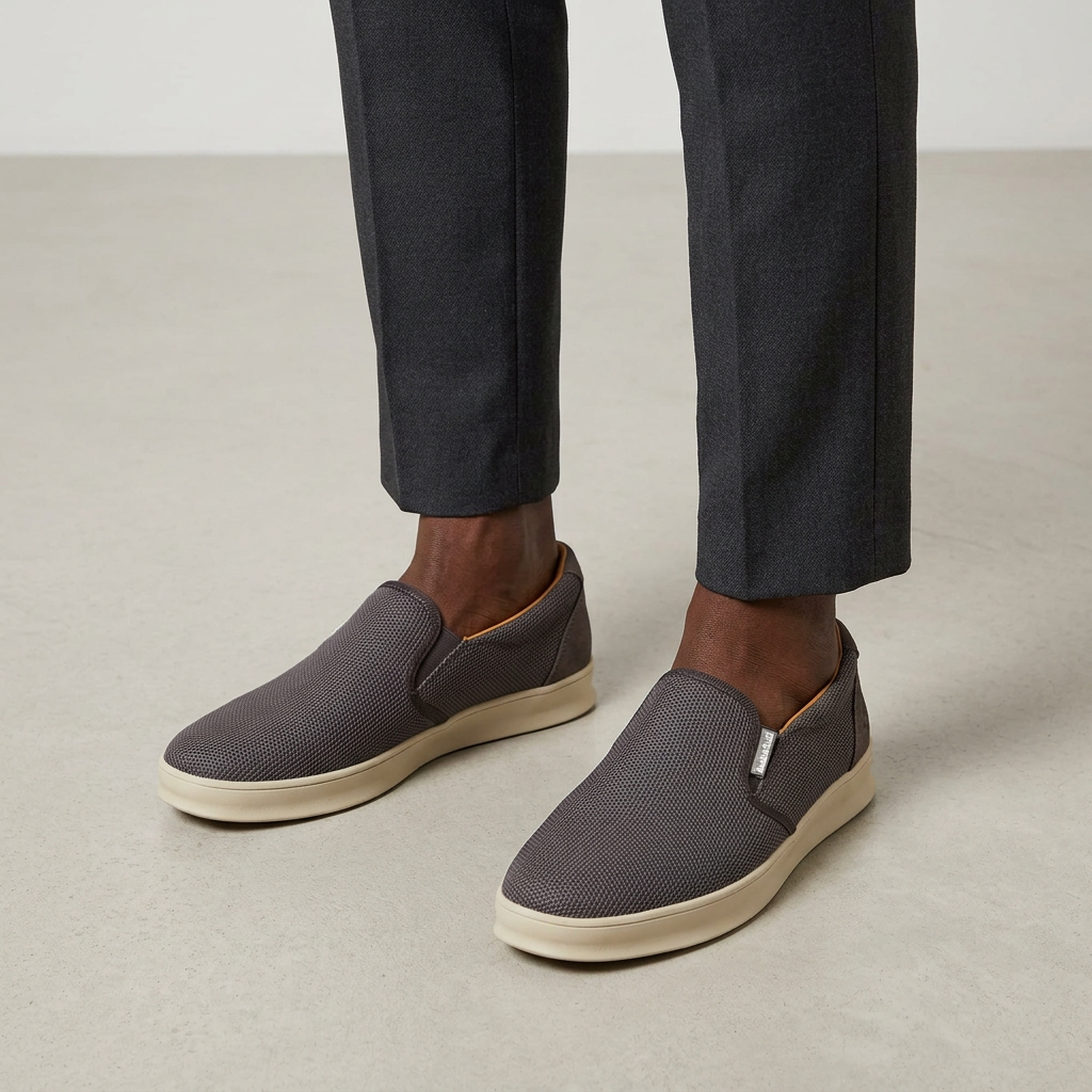 Man wearing both charcoal grey slip on sneakers on plain neutral studio floor