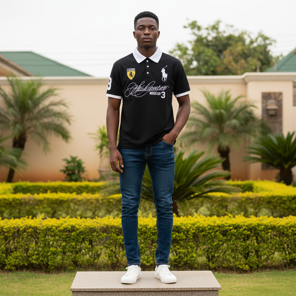 Men's Black & White Contrast Collar Polo Shirt – Nigerian Male Model Shot