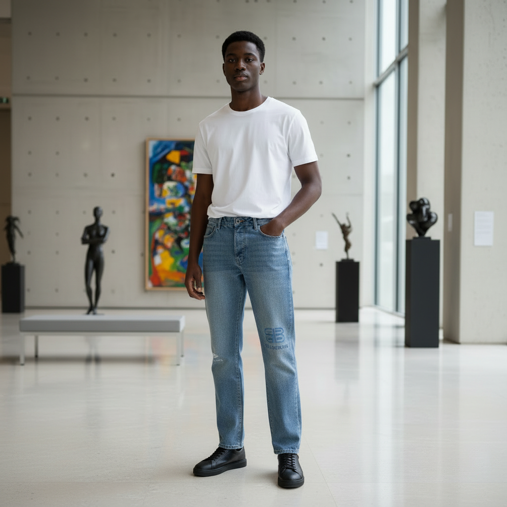 Nigerian male model wearing light blue washed straight-leg Balenciaga jeans with white t-shirt