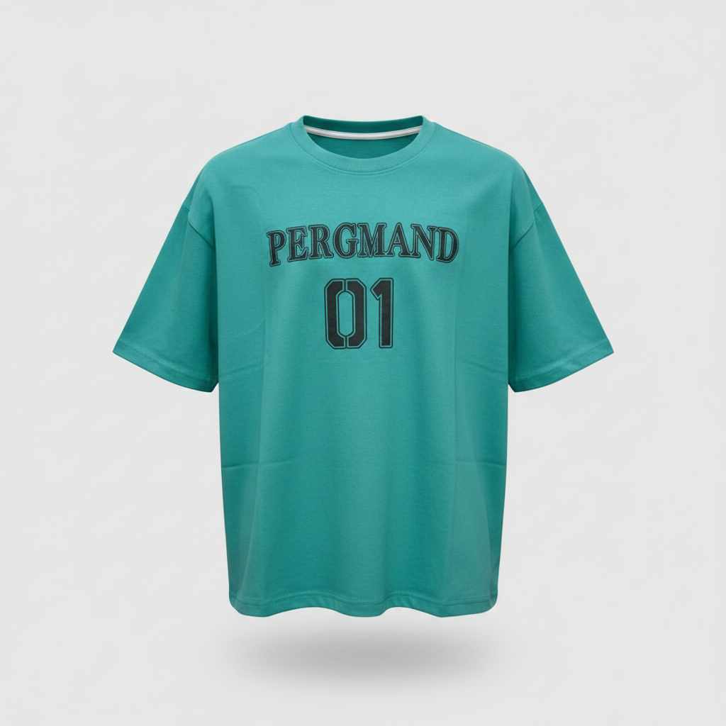 Men's teal Pergmand 01 graphic T-shirt on a ghost mannequin