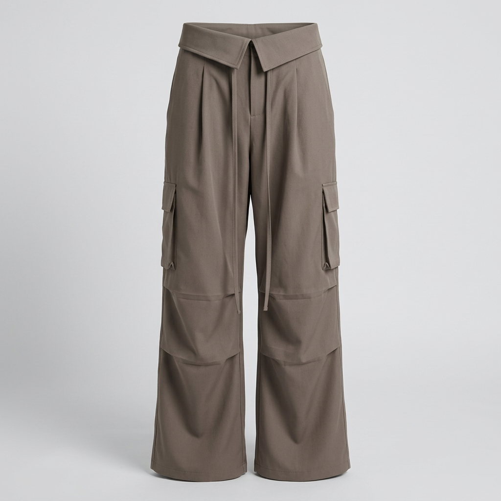 Taupe wide-leg cargo trousers, ghost mannequin front view