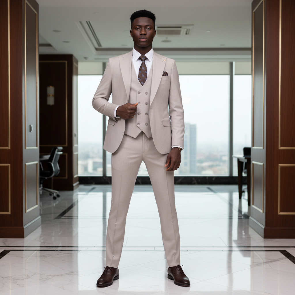 Young Nigerian male model wearing beige 3-piece suit with dark brown paisley tie and pocket square
