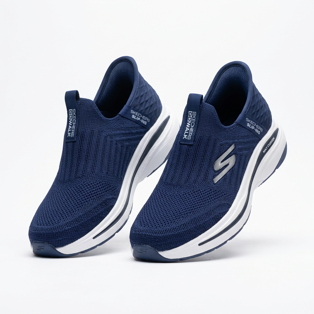 Pair of navy knit slip-on sneakers with white sculpted soles