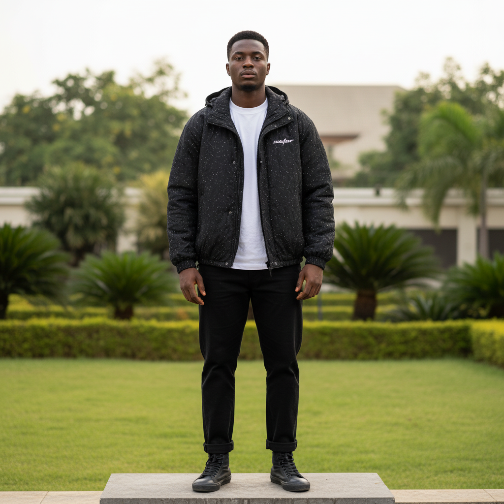 Men's Black Sparkle Texture Oversized Hooded Jacket – Nigerian Male Model Shot