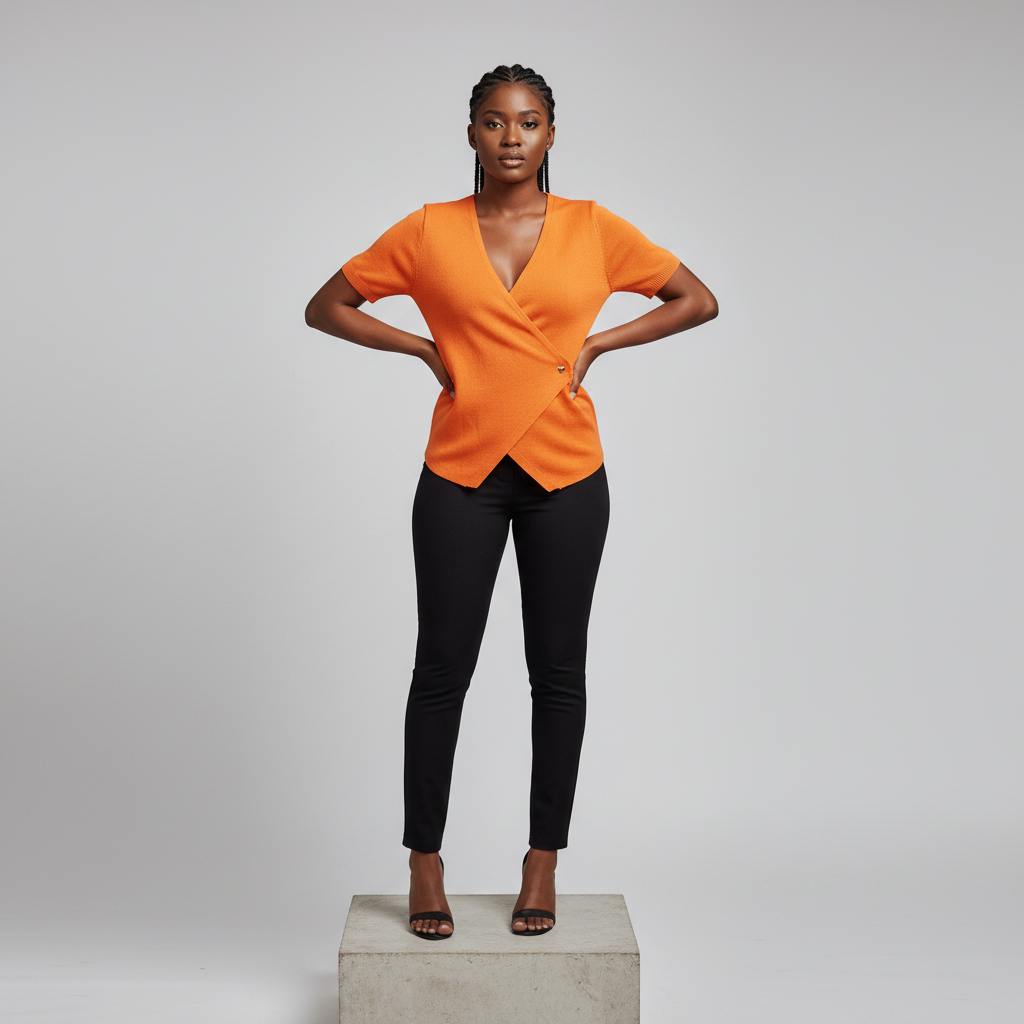 Orange V-Neck Wrap Ribbed Blouse - Model Shot