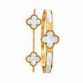 Gold pearl clover bangle and chain bracelet set