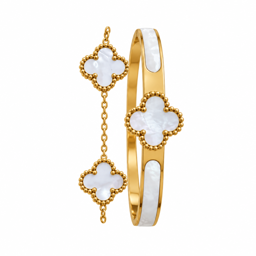 Gold pearl clover bangle and chain bracelet set