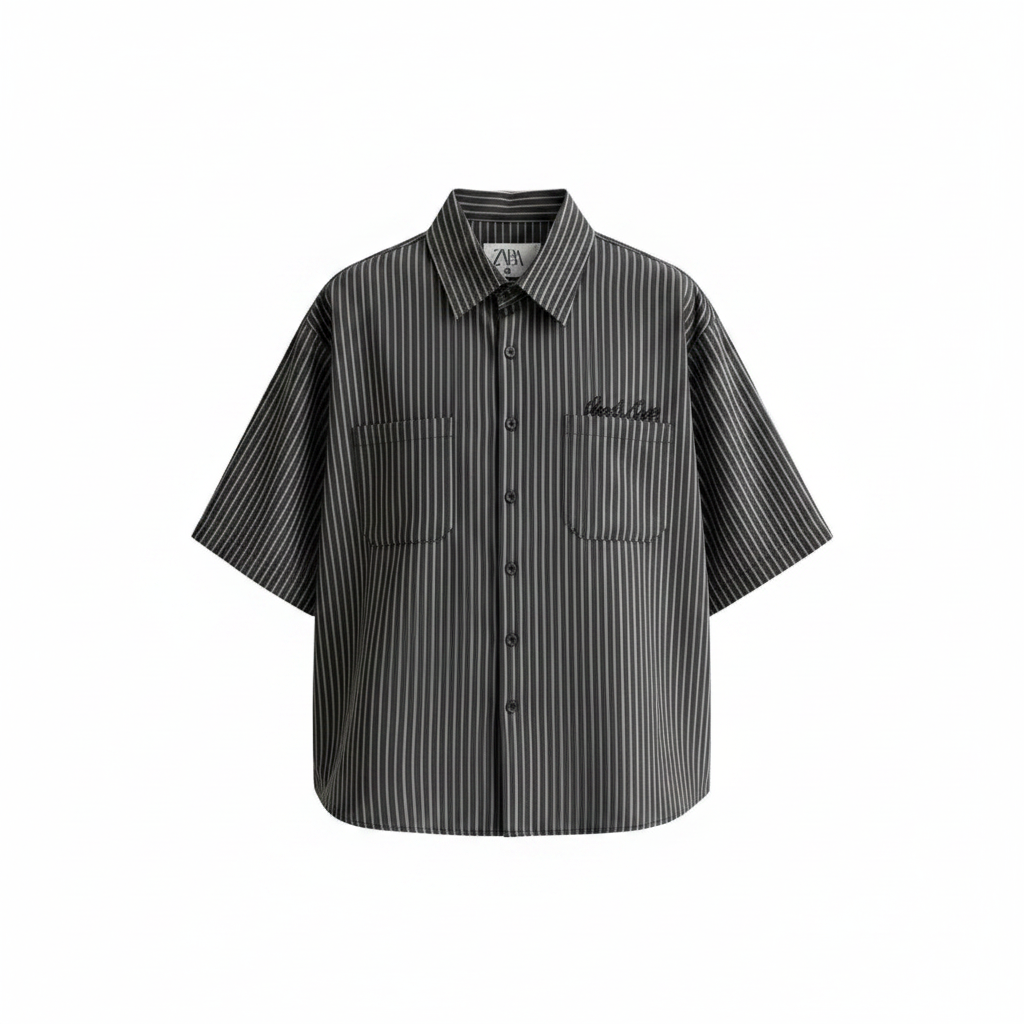 Men's dark charcoal pinstripe boxy short-sleeve shirt with dual chest pockets and cursive script embroidery, ghost mannequin front view