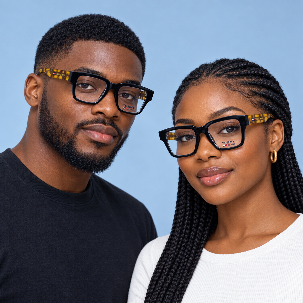 Black rectangular eyeglasses with tortoiseshell-patterned arms worn by a Black adult man and woman