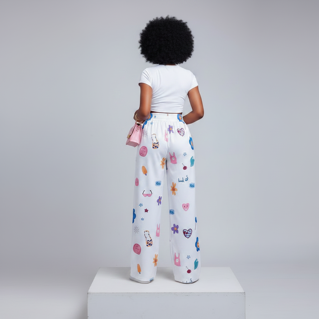White Cartoon Print Wide-Leg Trousers - Model Back View