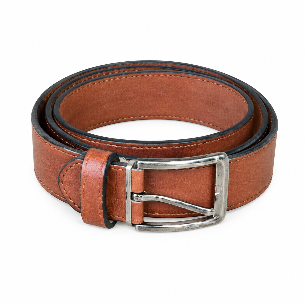 Cognac leather belt with dark edges and silver-tone buckle on white