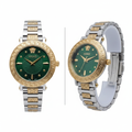 Two-tone emerald dial Greek key bracelet watch, front and side view on white background