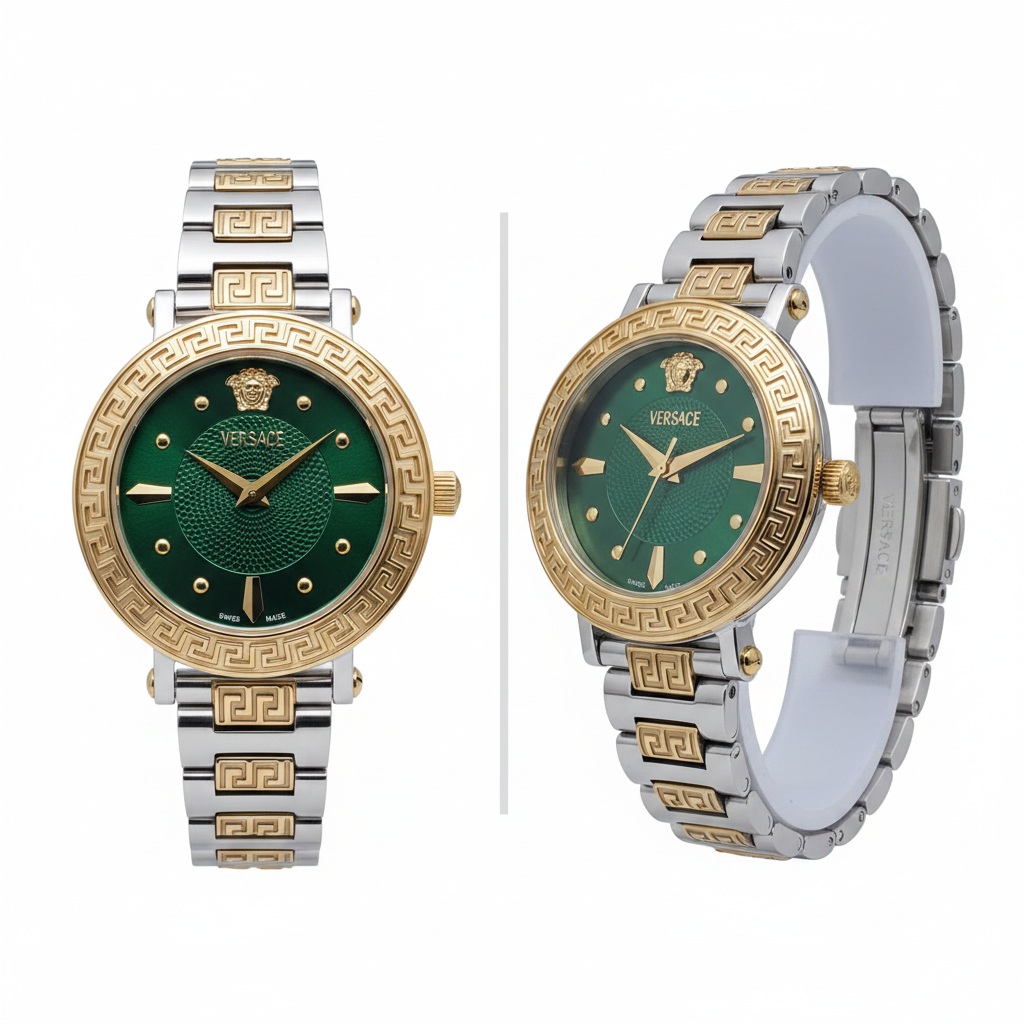 Two-tone emerald dial Greek key bracelet watch, front and side view on white background