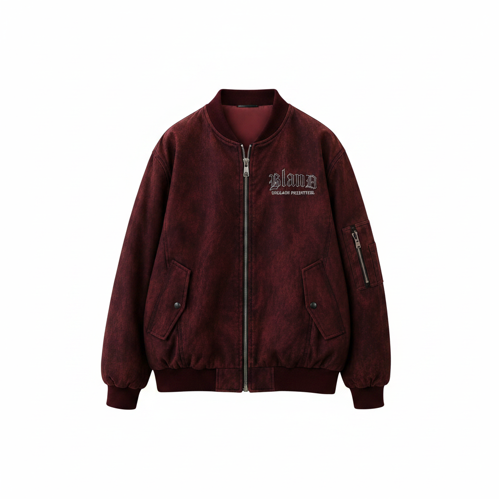 Men's Burgundy Textured Oversized Bomber Jacket – Ghost Mannequin Front View