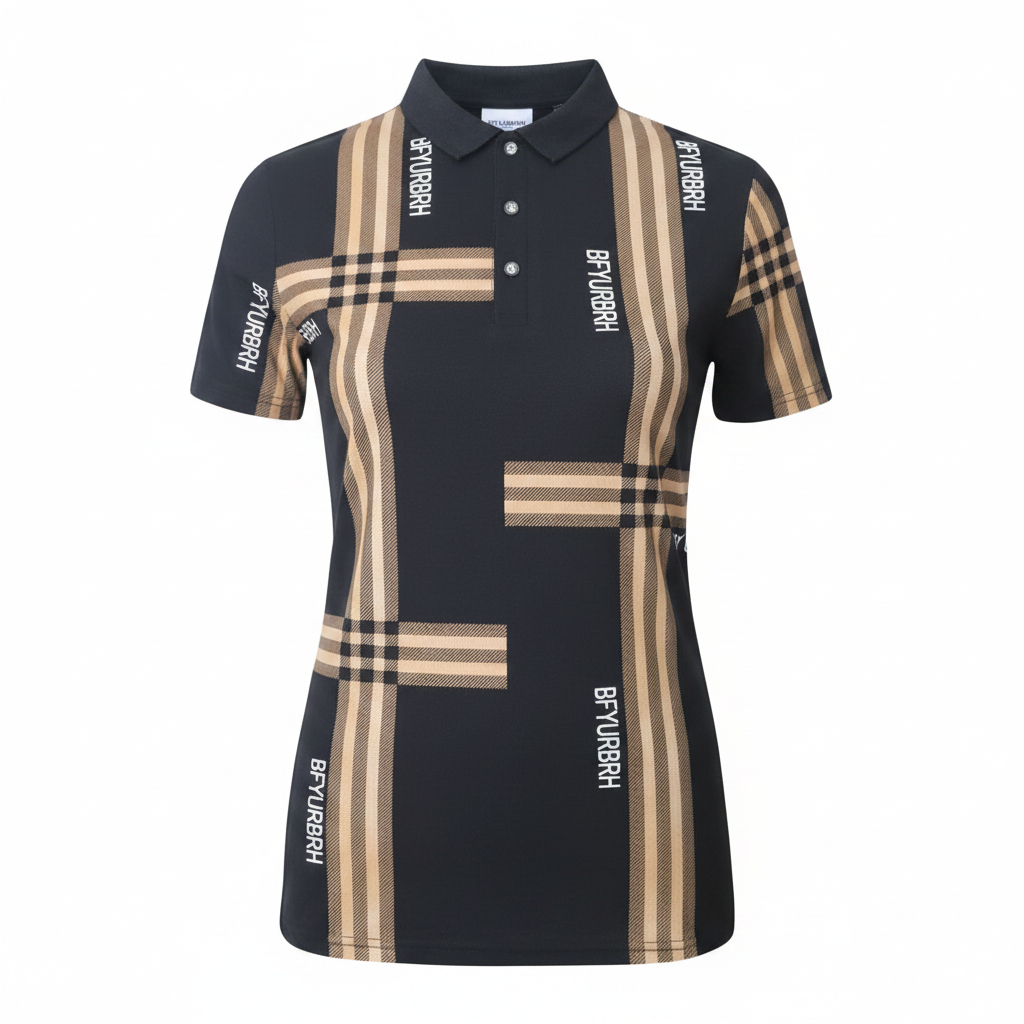 Women's black gold tartan plaid polo shirt - ghost mannequin front view