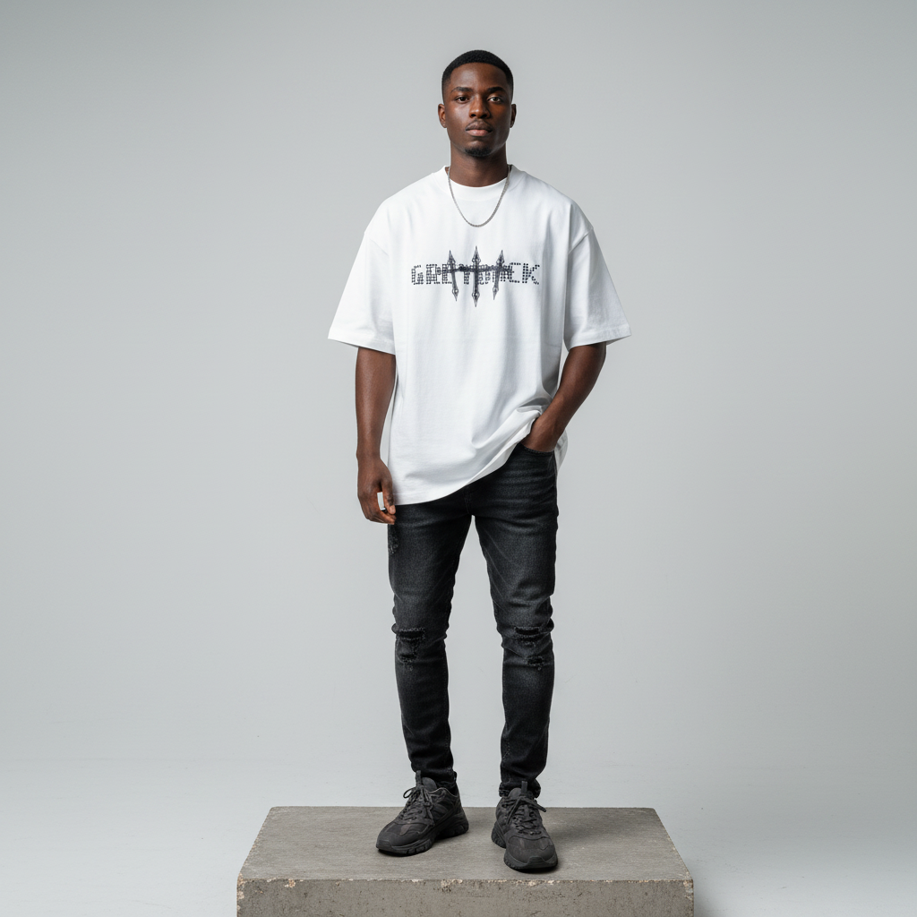 White Grimmark Gothic Graphic Oversized Tee - Model Front