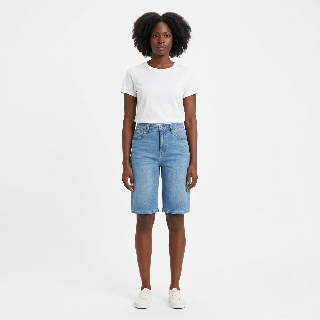 Full-body female model wearing light-blue denim Bermuda shorts