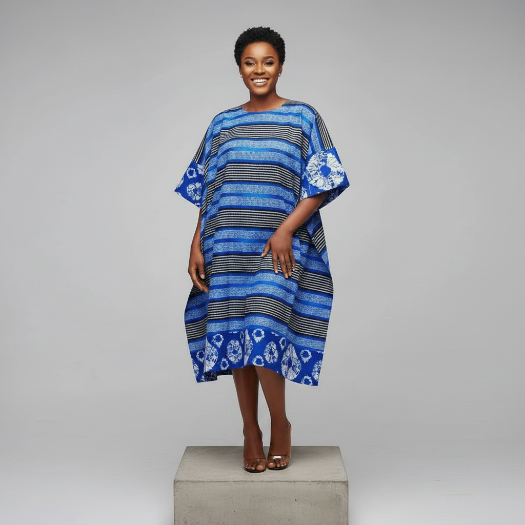 Nigerian female model wearing royal blue and black striped bubu dress with adire tie-dye panels
