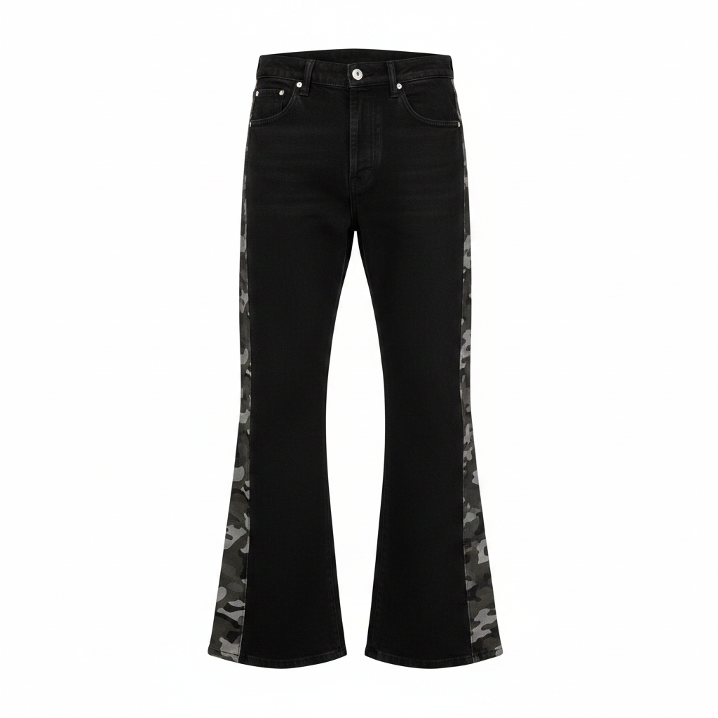 Men's black flared denim jeans with grey camo side panel inserts, ghost mannequin front view