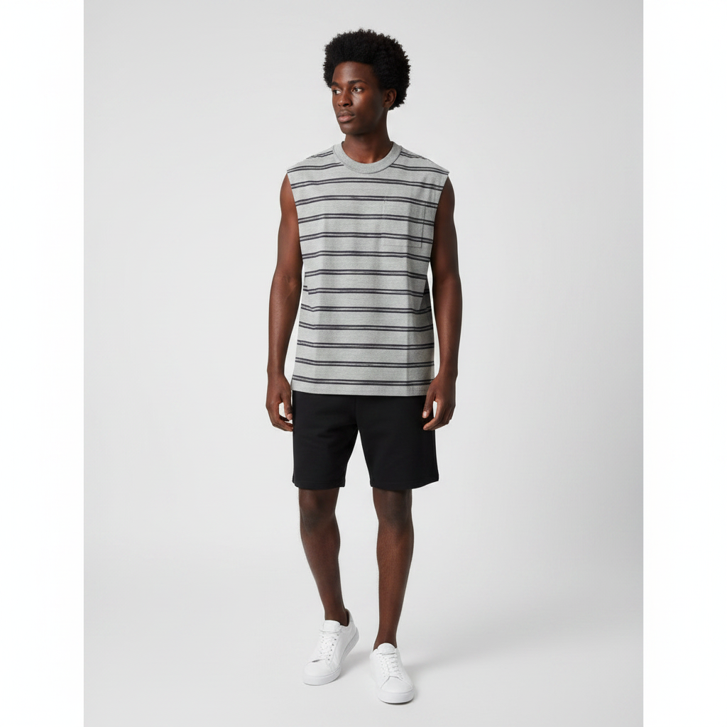 Man wearing the grey striped sleeveless top