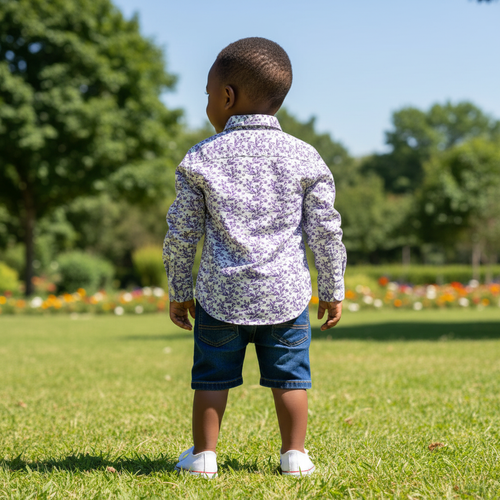 Boys' Purple Floral Print Long Sleeve Shirt - Back Model View