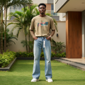 Men's Light Blue Washed Wide-Leg Flared Denim Jeans – Nigerian Male Model Shot
