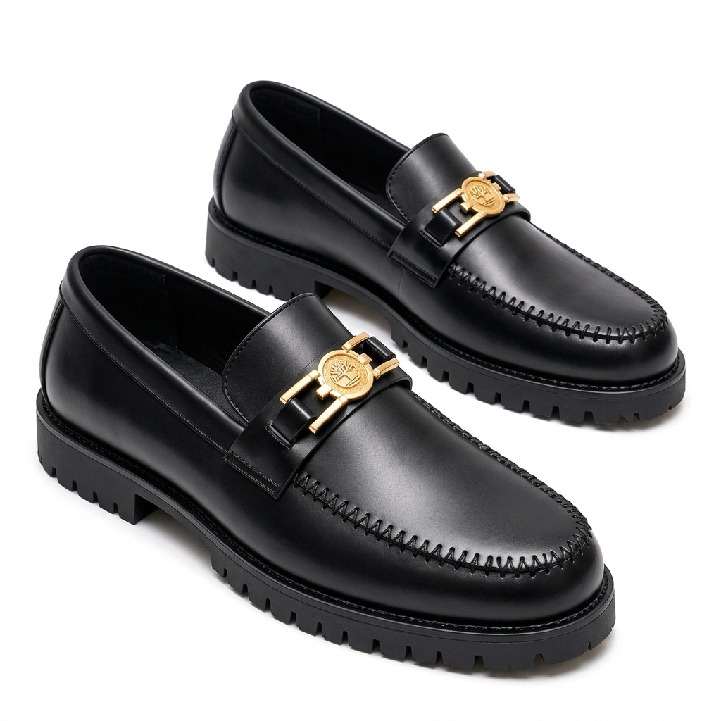Pair of black gold-medallion loafers with zigzag apron stitching and black lug soles on white
