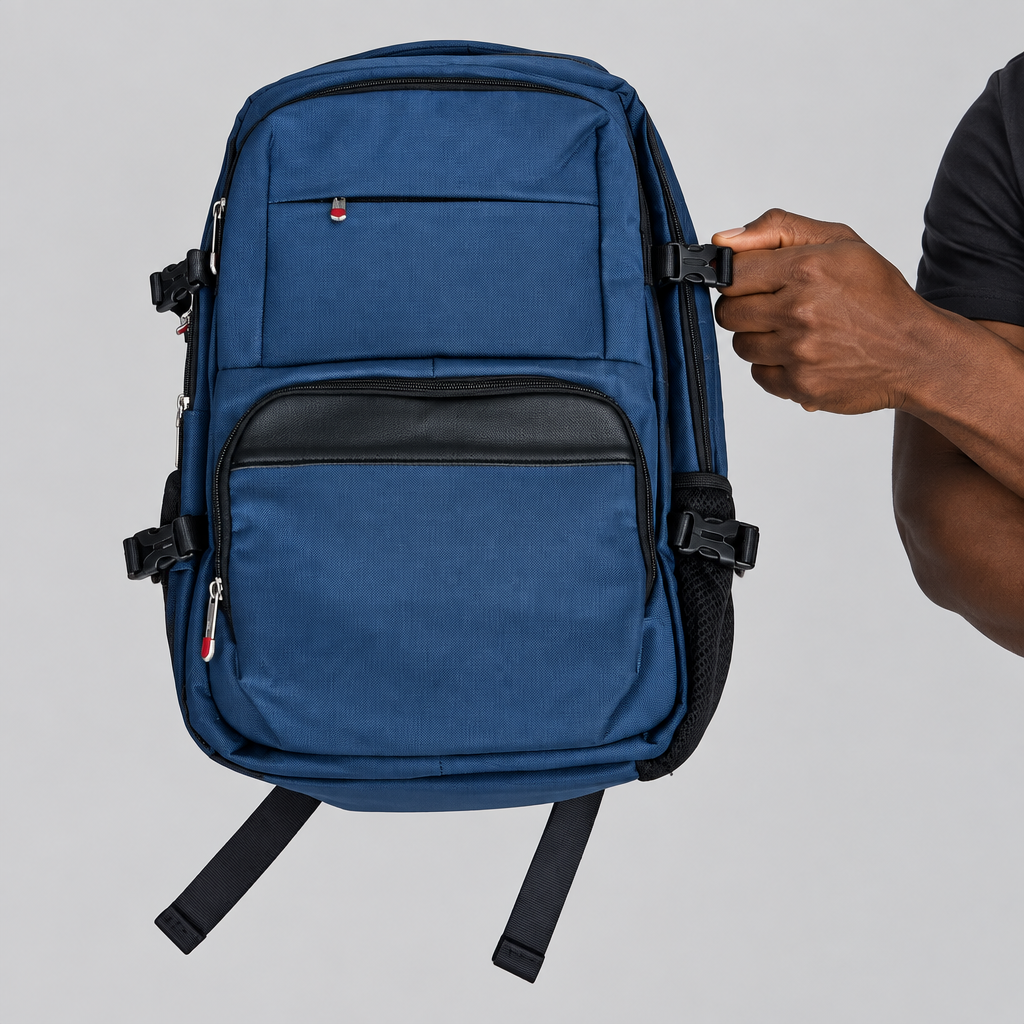 Hand holding the buckle strap of a navy blue backpack
