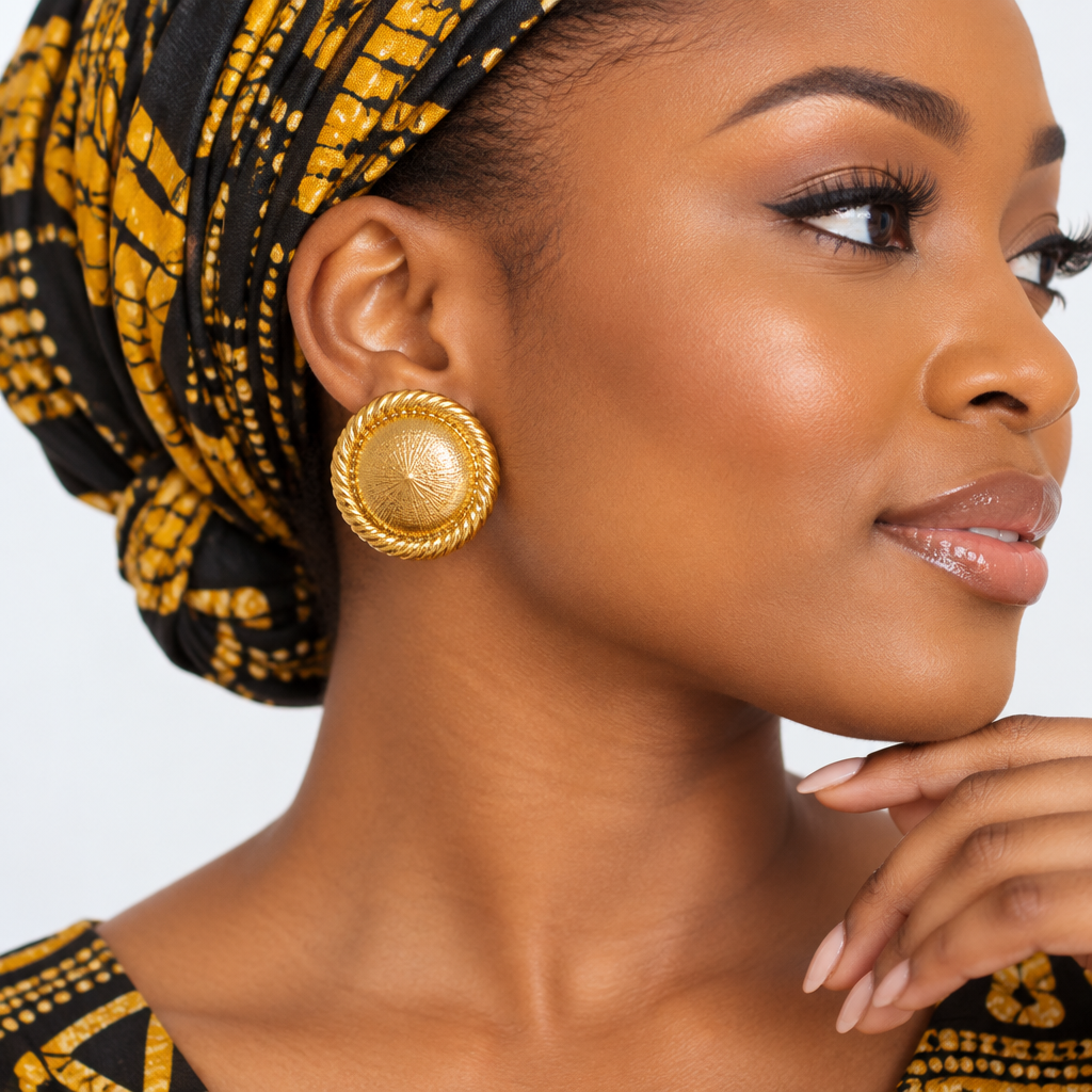 Gold Domed Sunburst Rope-Border Stud Earrings – Model Shot