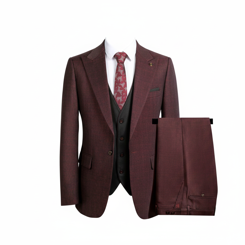 Ghost mannequin front view of wine burgundy jacquard blazer with notch lapels and dark charcoal waistcoat