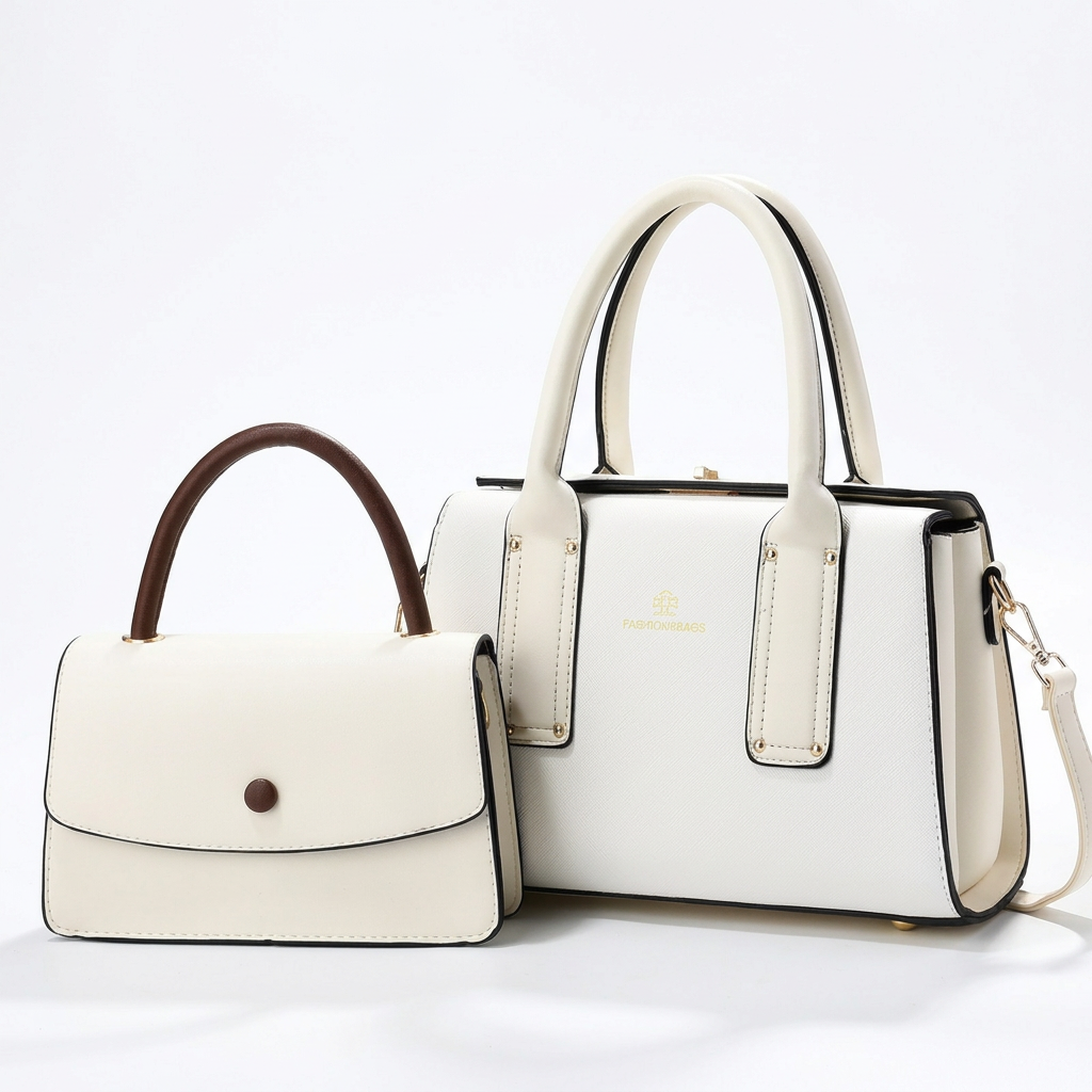 Ivory-white twin-handle handbag with dark edging beside smaller ivory flap bag with brown handle