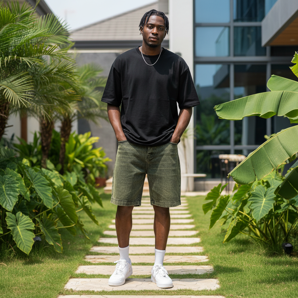 Nigerian male model wearing olive green acid wash relaxed fit denim shorts in upscale outdoor setting