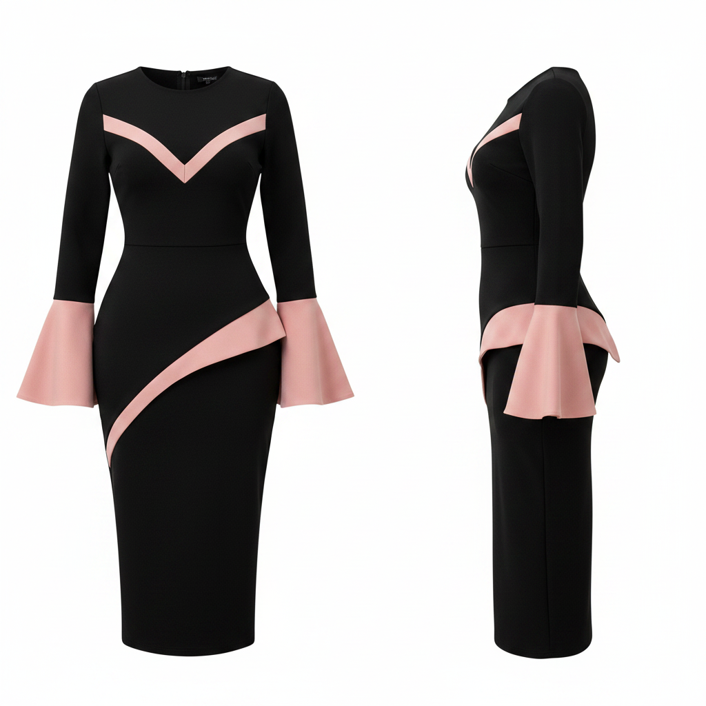 Women's Black & Blush Pink Contrast Trim Bell Cuff Midi Dress – Ghost Mannequin Front and Side View