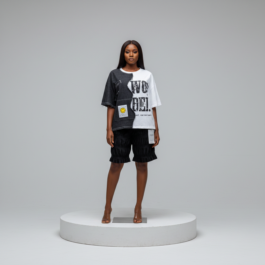 Black White Colourblock Smiley Slogan Top & Shorts Set - Model Front View