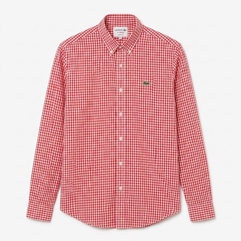 Men’s red and white fine-check long-sleeve shirt, generated ghost mannequin view