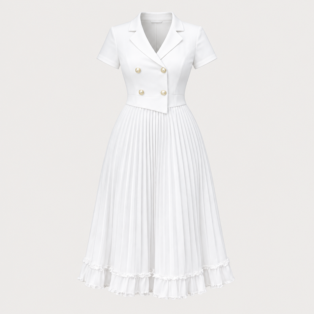 White lapel pleated dress on invisible mannequin
