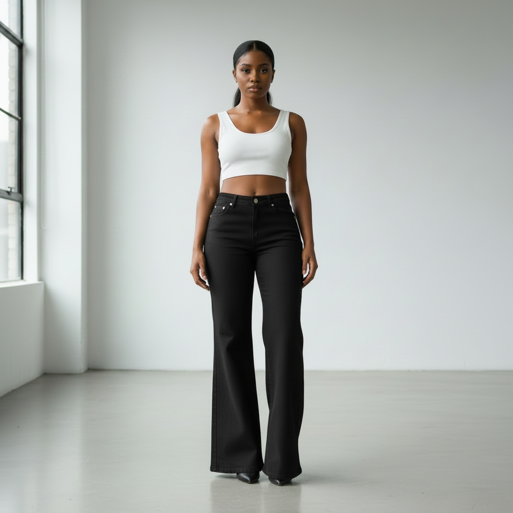 Black wide-leg jeans front view on model