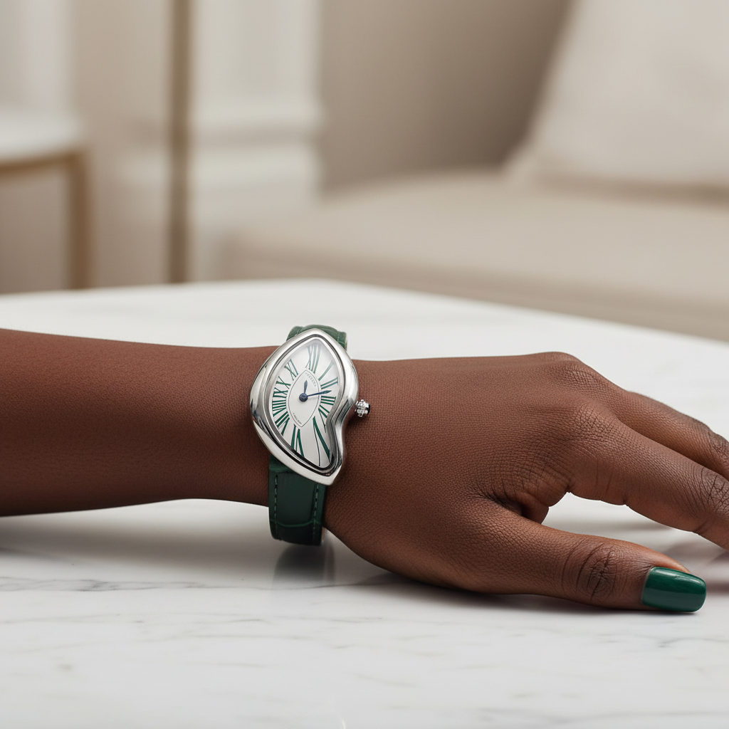 Black Nigerian woman wrist shot wearing asymmetric silver watch with green strap