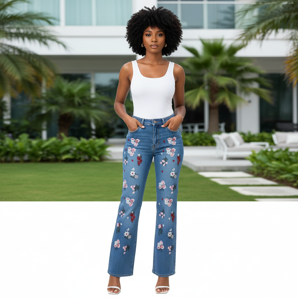 Floral Embroidered Wide-Leg Flare Jeans - Front Model